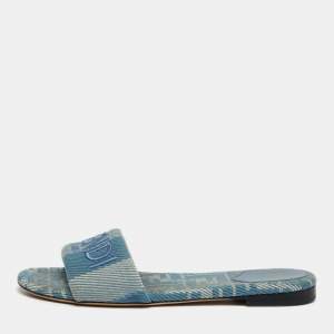 Pre Owned Fendi Blue Canvas Sunshine Flat Slide Size 40