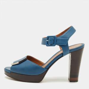 Pre Owned Fendi Blue Leather Peep Toe Platform Ankle Strap Sandals Size 39