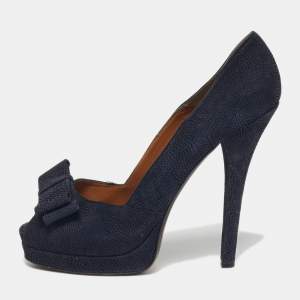 مملوكة مسبقًا Fendi Size 41 Navy Blue Suede Bow Peep Toe Platform Pumps