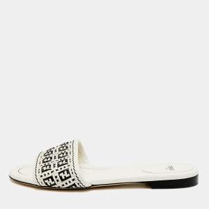 Pre Owned Fendi Size 39 Black/Cream Woven Leather Flat Slides 