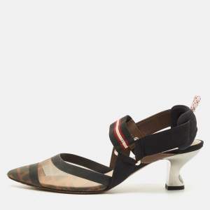 Pre Owned حذاء سليب باك فندي شبك زوكا أسود/بني مقاس 38