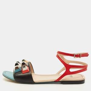 مملوكة مسبقًا Fendi Fantasia Size 37 Multicolor Leather Ankle Strap Flat Sandals