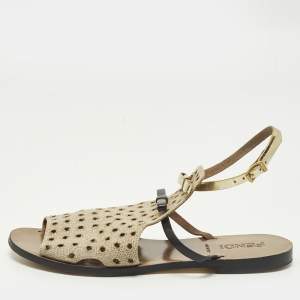 مملوكة مسبقًا Fendi Size 40 Tricolor Perforated Jute and Patent Leather Double Bow Flat Sandals
