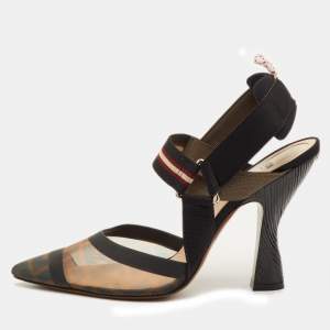 مملوكة مسبقًا Fendi Colibri Size 40 Brown/Black Zucca Mesh and Fabric Pointed Toe Slingback Pumps