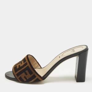 Pre Owned Fendi FF Size 37.5 Brown Leather and  Velvet FF Logo Slide Sandals