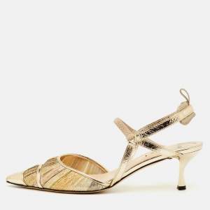 Pre Owned Fendi Colibri Lite Size 40 Gold Metallic Fabric and Leather Pointed Toe Slingback Pumps