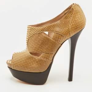Pre Owned Fendi Cut Out Size 40 Beige Python Embossed Leather Open Toe Platform Sandals