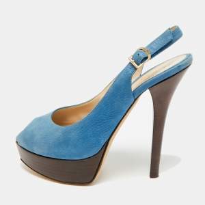 مملوكة مسبقًا Fendi Fendista Size 40 Blue Nubuck Leather Peep Toe Slingback Pumps