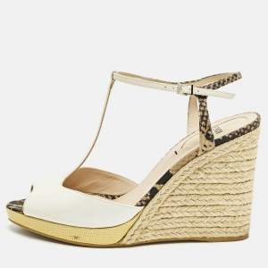 Pre Owned Fendi Elodie Size 39 Multicolor Patent Leather and Python Embossed Leather Wedge Sandals