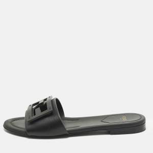 Pre Owned Fendi Baguette Size 37 Black Leather Flat Slide