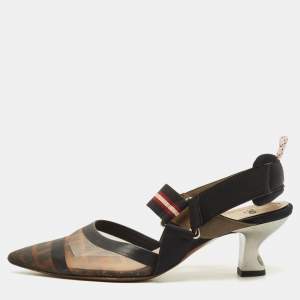 مملوكة مسبقًا Fendi Colibri Size 37 Brown/Black Zucca Mesh and Canvas Slingback Pumps