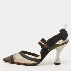 Pre Owned Fendi Colibri Size 40 Black Leather and Mesh Slingback Pumps