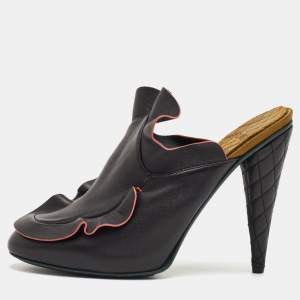 Pre Owned Fendi Size 40 Black Leather Waves Ruffle Platform Mules