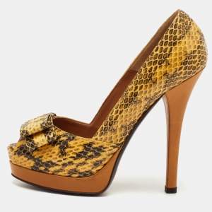 Pre Owned Fendi Bow Size 38 Yellow/Black Python Leather Platform Peep Toe Pumps
