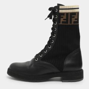 مملوكة مسبقًا Fendi Rockoko Size 39 Black Leather and Zucca Stretch Fabric Combat Boots