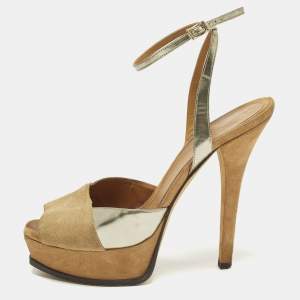 Pre Owned Fendi Fendista Size 41 Brown/Silver Patent Leather and Suede Ankle Strap Platform Sandals