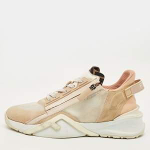 Pre Owned Fendi Flow Size 39.5 Beige/White Fabric and Suede Lace Up Sneakers