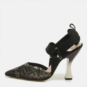 Pre Owned Fendi Colibri Size 39 Navy Blue Canvas and Mesh Crystal Embellished Slingback Pumps