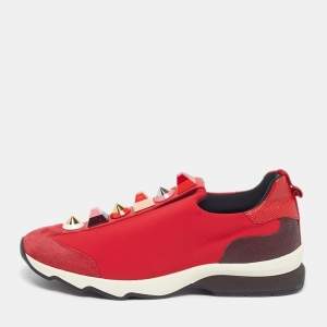 Pre Owned Fendi studded Size 38 Red Neoprene Suede Slip On Sneakers
