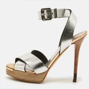 Pre Owned Fendi Roman Size 36.5 Silver Leather Crisscrss  Ankle Strap Sandals