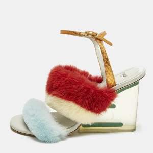 مملوكة مسبقًا Fendi fendi first Size 39 Multicolor Leather Mink Fur and Python Embossed Leather Wedge Sandals