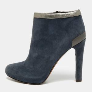 Pre Owned Fendi Size 39.5 Navy Blue Leather and Suede Ankle Length Boots