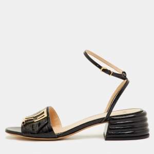 Pre Owned Fendi Promenade Size 40 Black Croc Embossed Leather Ankle Strap Sandals