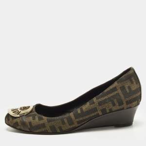 Pre Owned Fendi Zucca Size 37 Brown Canvas and Leather Wedge Pumps