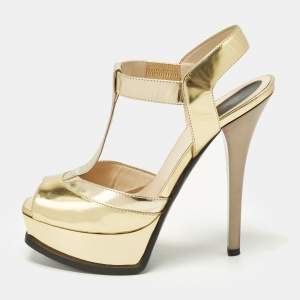 Pre Owned Fendi Size 38 Gold Leather Ankle Strap Sandals
