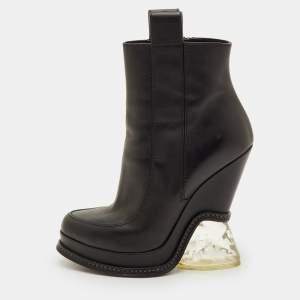 Pre Owned Fendi Size 38 Black Leather Zip Up Platform Ankle Length Boots