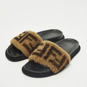 مملوكة مسبقًا Fendi Size 38 Brown FF Shearling Flat Slide