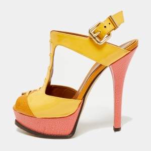 Pre Owned Fendi Fendista Size 37.5 Yellow Lizard Embossed Leather And Patent Leather Ankle Strap Sandals