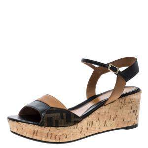 Pre Owned Fendi Brown/Black Zucca Canvas and Leather Wedge Sandals Size 38