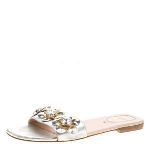 Pre Owned Fendi Metallic Silver Leather Flowerland Flat Slides 38.5