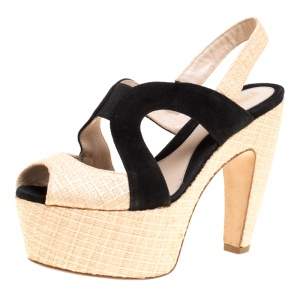 Pre Owned Fendi Suede and Raffia Sligback Platform Sandals Size 36.5