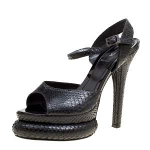 Pre Owned Fendi Black Python Leather Bubble Platform Ankle Strap Sandals Size 36