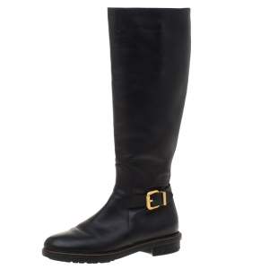 Pre Owned Fendi Black Leather Buckle Detail Knee Length Boots Size 37 