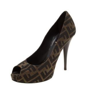 Pre Owned Fendi Tobacco Zucca Canvas Peep Toe Pumps Size 40.5