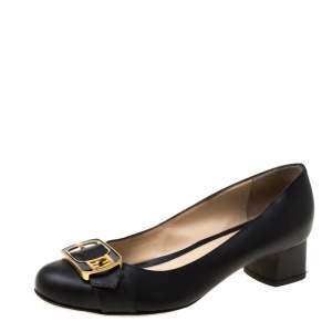 Pre Owned Fendi Black Leather Chameleon Buckle Block Heel Pumps Size 38.5