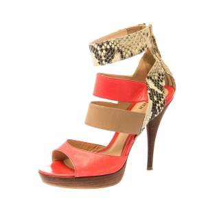 Fendi Tricolor Leather And Python Leather Ankle Strap Platform Sandals Size 37