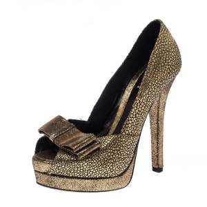 Pre Owned Fendi Metallic Gold Brocade Fabric Deco Peep Toe Bow Platform Pumps Size 37.5