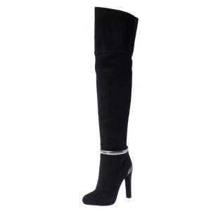 Pre Owned Fendi Black Suede Leather Platform Knee Length Boots Size 37.5