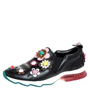 Pre Owned Fendi Black Leather Flowerland Fast Slip On Sneakers Size 40