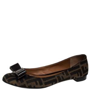 Pre Owned Fendi Brown Zucca Canvas Bow Detail Ballet Flats Size 39