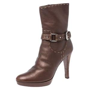Pre Owned Fendi Bronze Whip Stitch Leather Buckle Ankle Boots Size 39.5