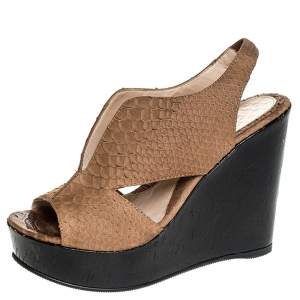 Fendi Light Brown Python Embossed Leather Slingback Platform Wedge Sandals Size 38