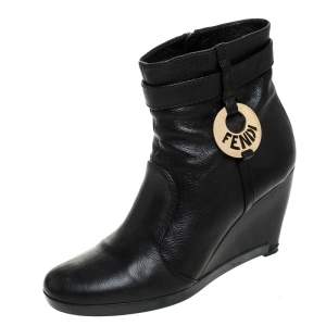 Pre Owned Fendi Black Leather Logo Wedge Heel Ankle Boots Size 39.5