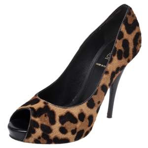 Pre Owned Fendi Brown Leopard Print Pony Hair Peep Toe Pumps Size 37