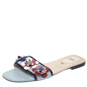 Pre Owned Fendi Blue Leather Flowerland Embellished Flats Sildes Size 38.5