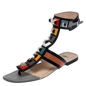 Pre Owned Fendi Multicolor Leather And Lizard Embossed Studded Ankle Cuff Flat Sandals Size 37.5